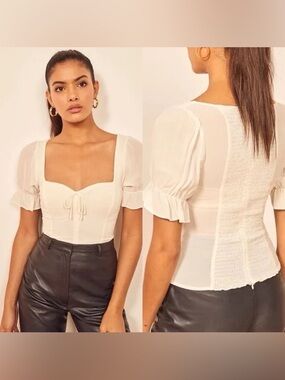 Reformation Delevan Top Short Puff Sleeves Square Neck White Cream, Size 4